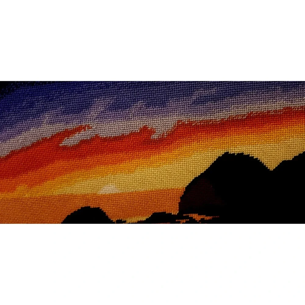 Sunset Ocean Cove Needlepoint Homemade‎ Silver Frame Matted
